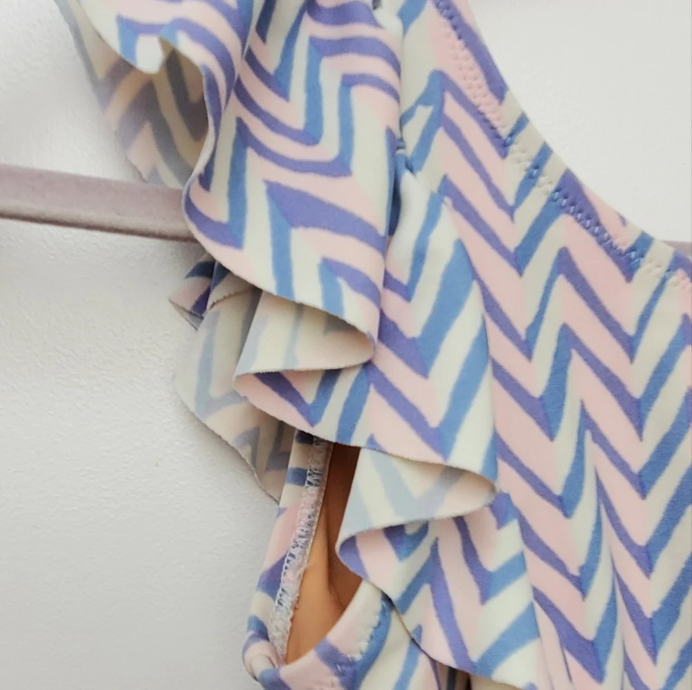 Crew Cuts Pink Blue Ruffle Chevron Swim Suit Size 8 yrs